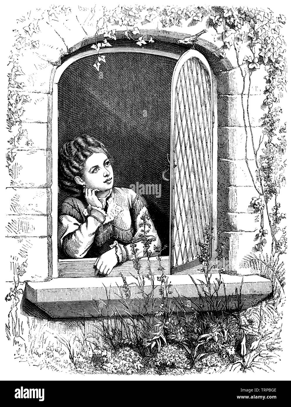 1872 engraving of a contemplative woman at a window. Stock Photo