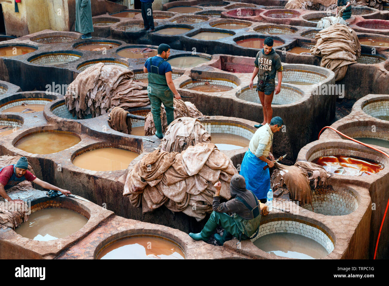 Basins with tanning liquids and workers producing and dyeing leather in a traditional way at the Chouara Tannery. Fez, Morocco. Stock Photo
