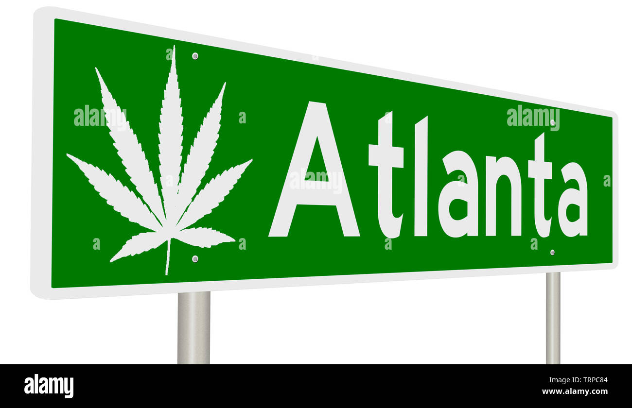 Green highway sign with marijuana leaf for Atlanta Stock Photo