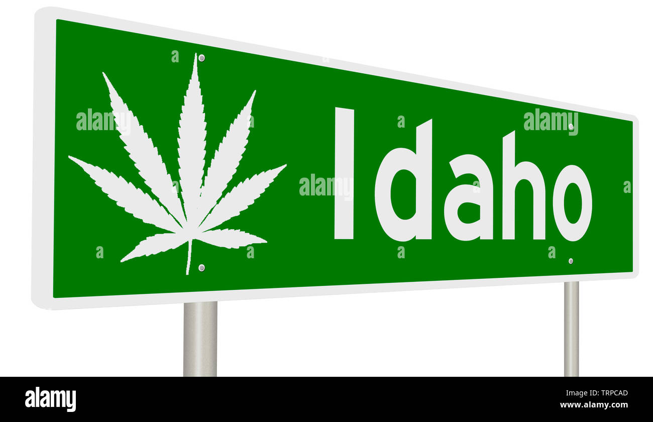 Green highway sign with marijuana leaf for Idaho Stock Photo