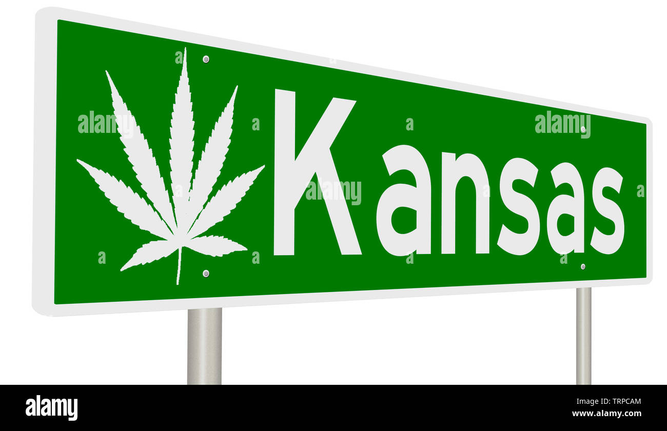 Green highway sign with marijuana leaf for Kansas Stock Photo Alamy