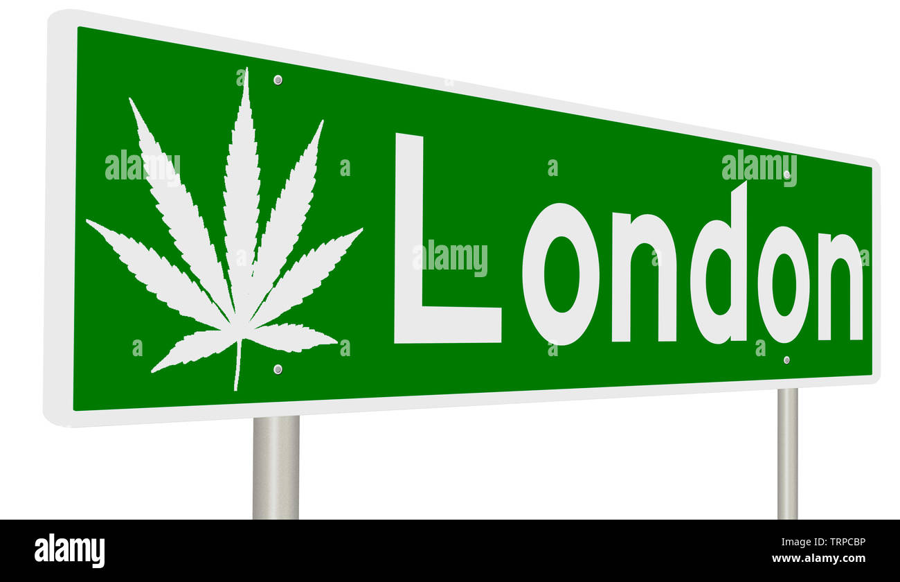 Green highway sign with marijuana leaf for London Stock Photo