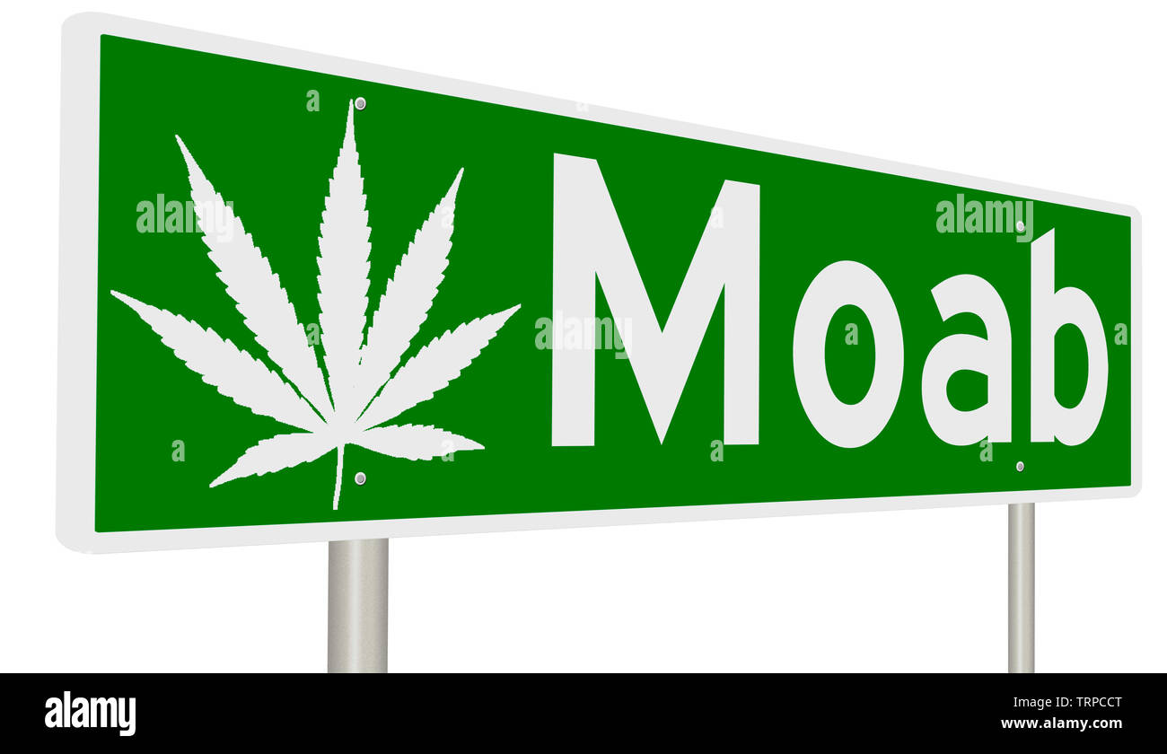 Green highway sign with marijuana leaf for Moab Stock Photo