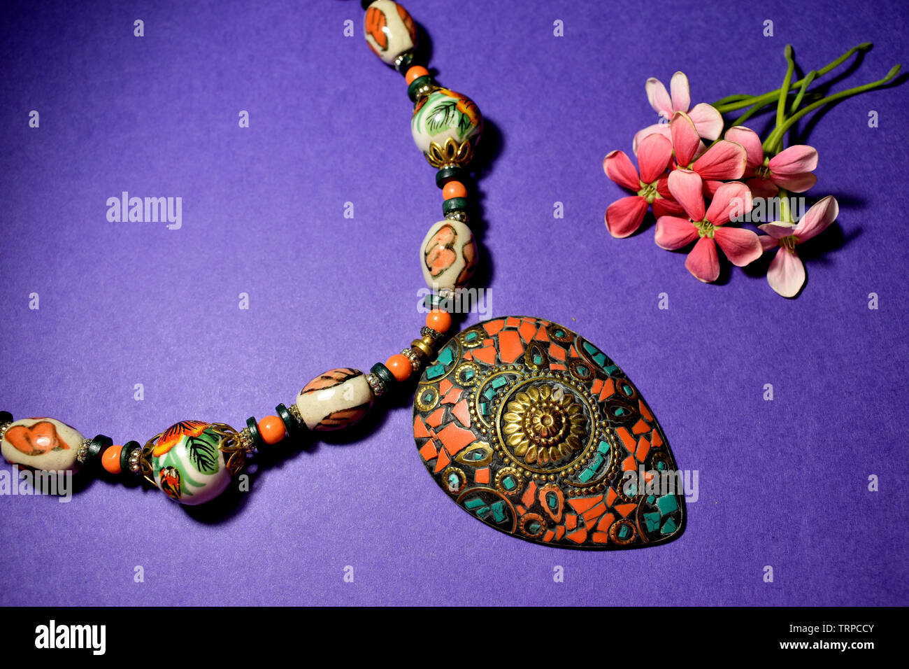 Tibetan style long necklace with large beads. Stock Photo
