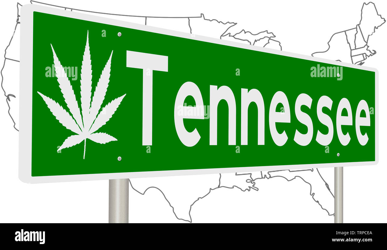 Green highway sign with marijuana leaf for Tennessee Stock Photo