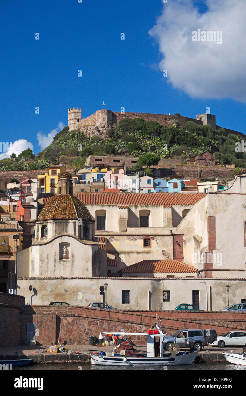 Bosa Old Town with the Malaspina Castle on the hilltop, Riviera del Corallo, Sardinia Island, Italy Stock Photo