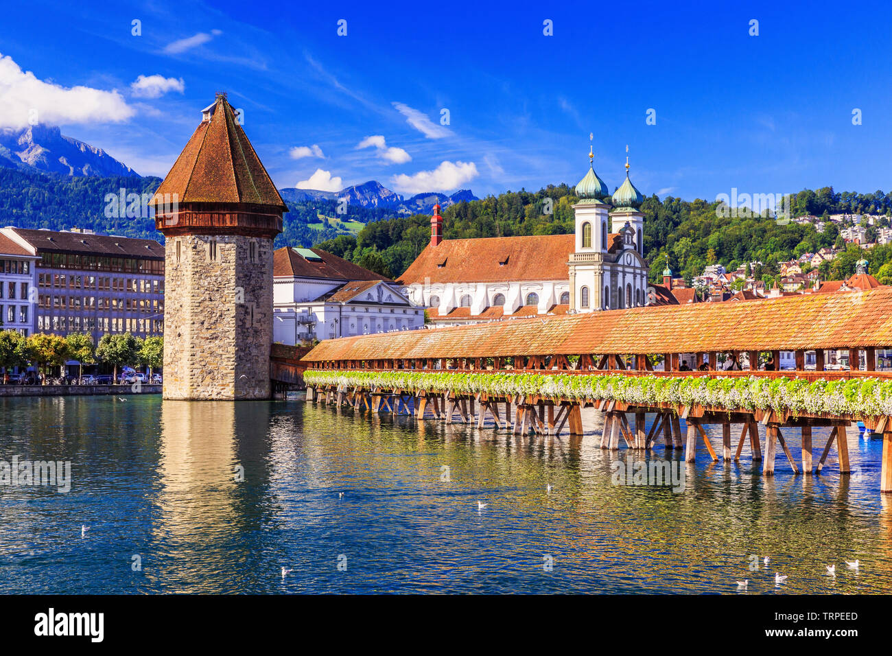 Lucerne, Switzerland. Historic city center with its famous Chapel Bridge.(Vierwaldstattersee) Stock Photo