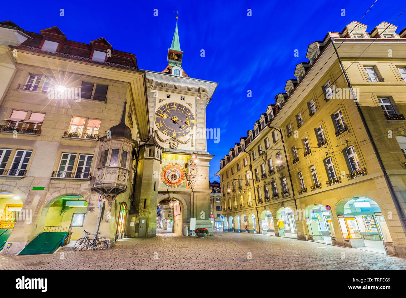 Bern, Switzerland. Zytglogge clock tower on Kramgasse street in the old city. Stock Photo