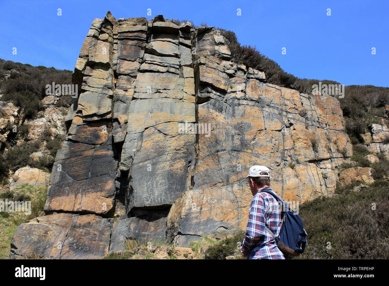 Rock Face Of Millstone Grit - a sandstone from the Carboniferous Period, Dean Black Brook, Anglezarke, nr White Coppice, Lancashire Stock Photo