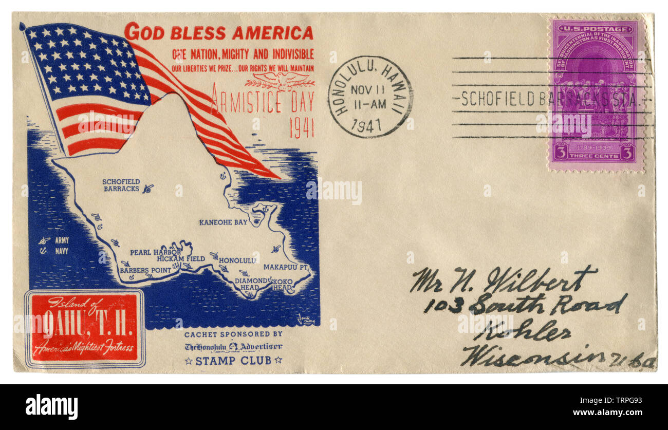 Honolulu, Hawaii, The USA, 11 November 1941: US historical envelope: cover with a patriotic cachet Armistice day, Pearl Harbor and other military base Stock Photo