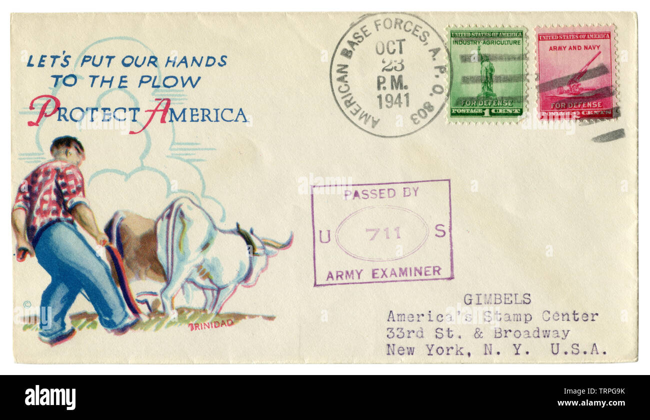 American base forces, A.P.O. 803, The USA - 23 October 1941: US historical envelope: cover Let's put our hands to the plow, Protect America, ww2 Stock Photo