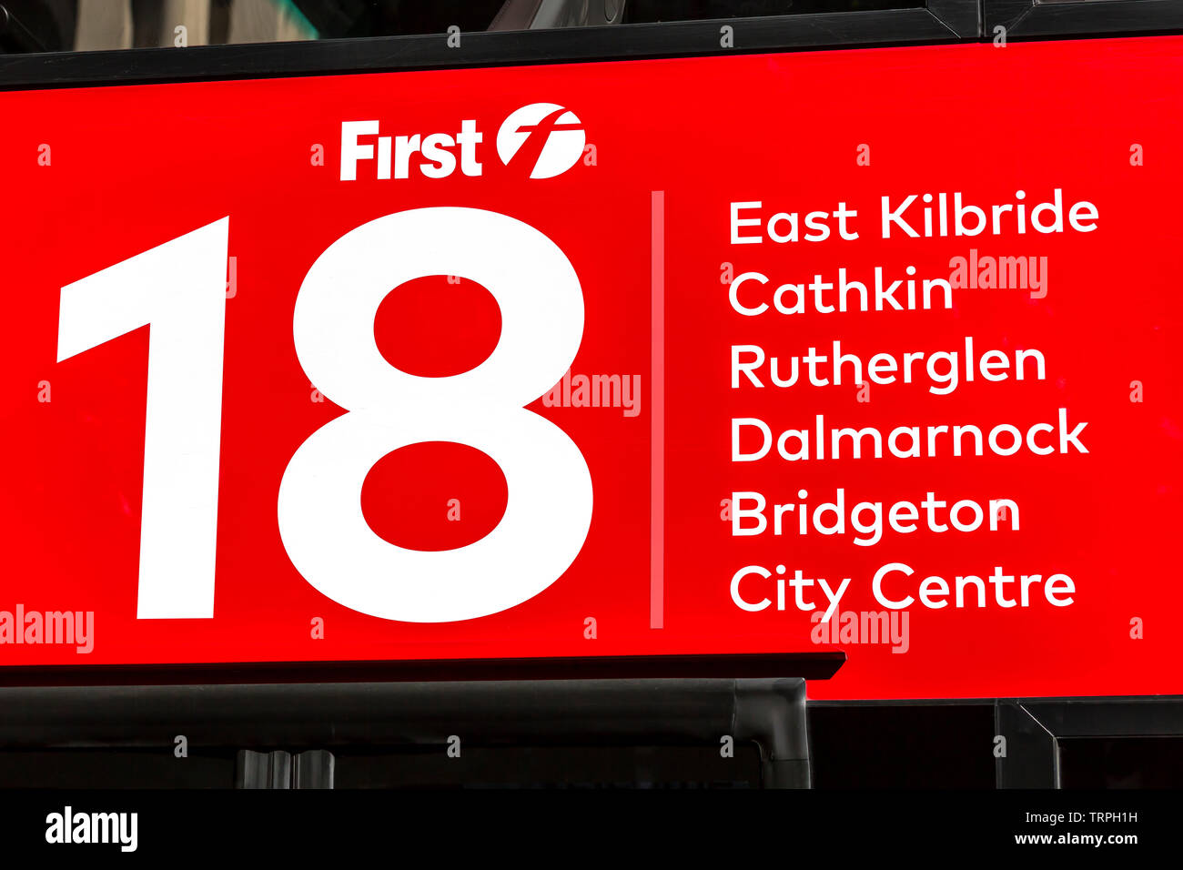 First Bus Glasgow Destinations on the side of a Number 18, Scotland, UK Stock Photo