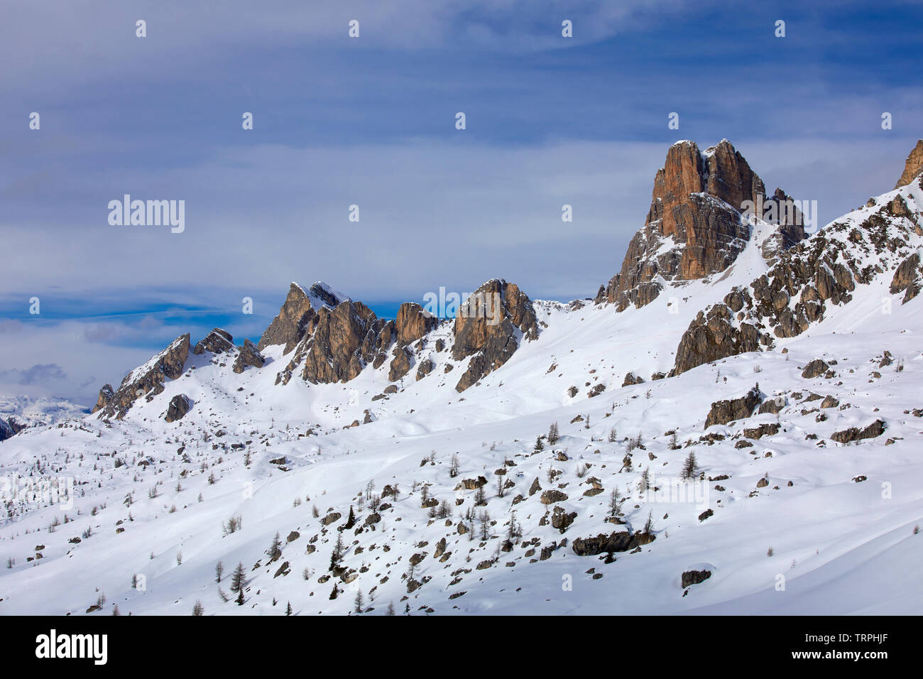 Landscape of Dolomites mountain covered by snow, Belluno province, Italy Stock Photo