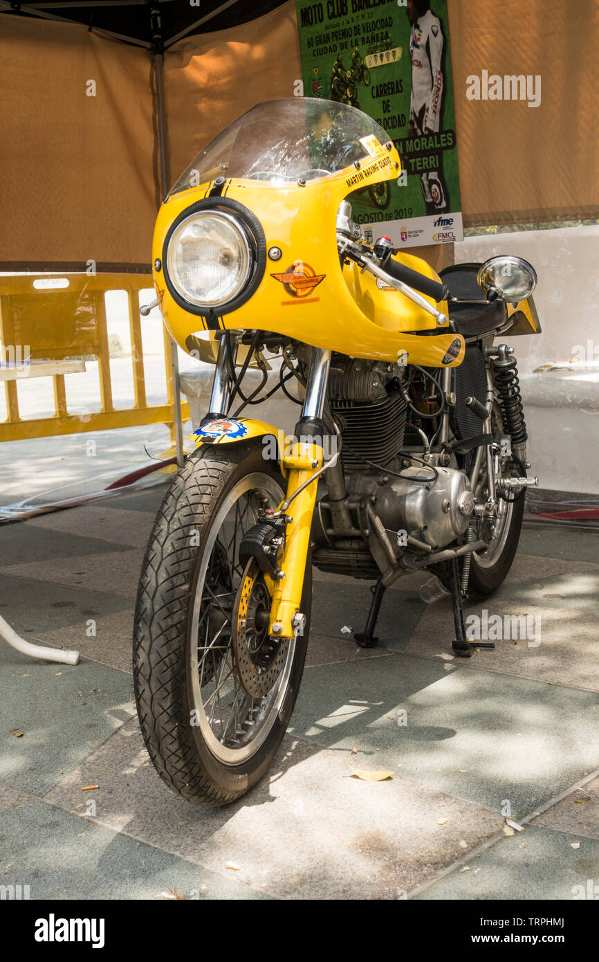 Ducati Classic race bike on display at an annual Classic motorcycle meeting in Mijas, Andalusia, Spain. Stock Photo