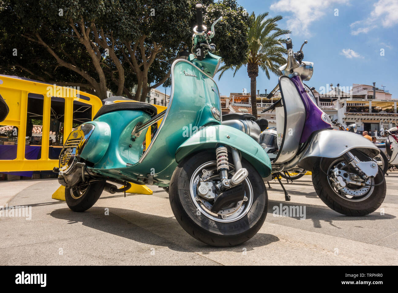 Lambretta And Vespa Scooters Classic Bikes On Display At An Annual Classic Motorcycle Meeting In Mijas Andalusia Spain Stock Photo Alamy