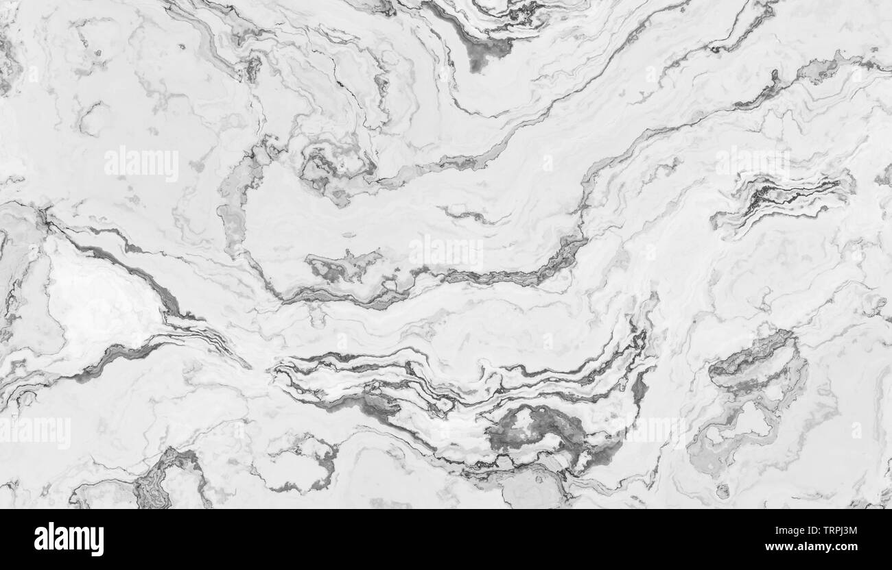 White marble pattern with curly grey and black veins. Abstract texture and background. 2D illustration Stock Photo