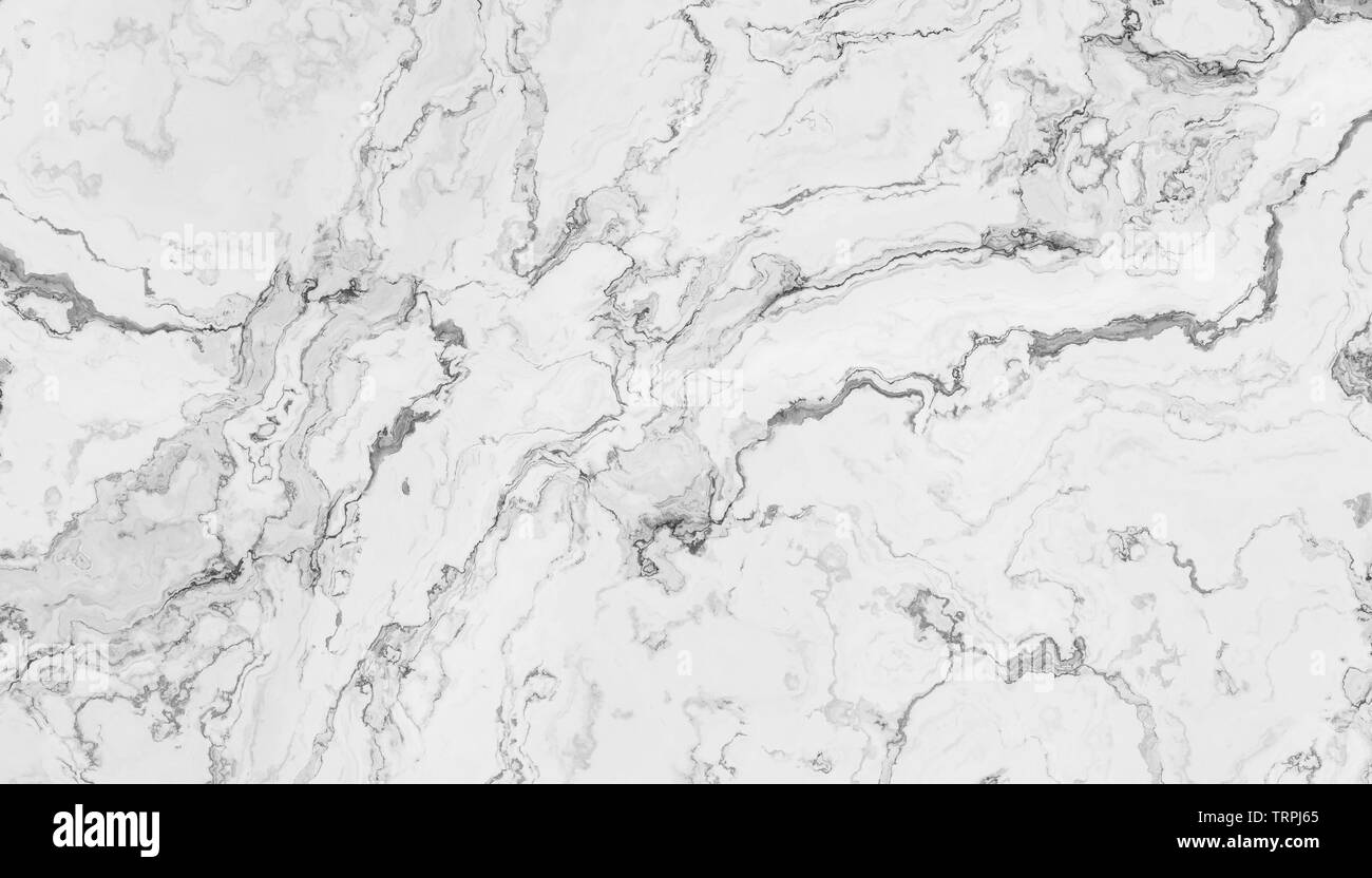 White marble pattern with curly grey and black veins. Abstract texture and background. 2D illustration Stock Photo