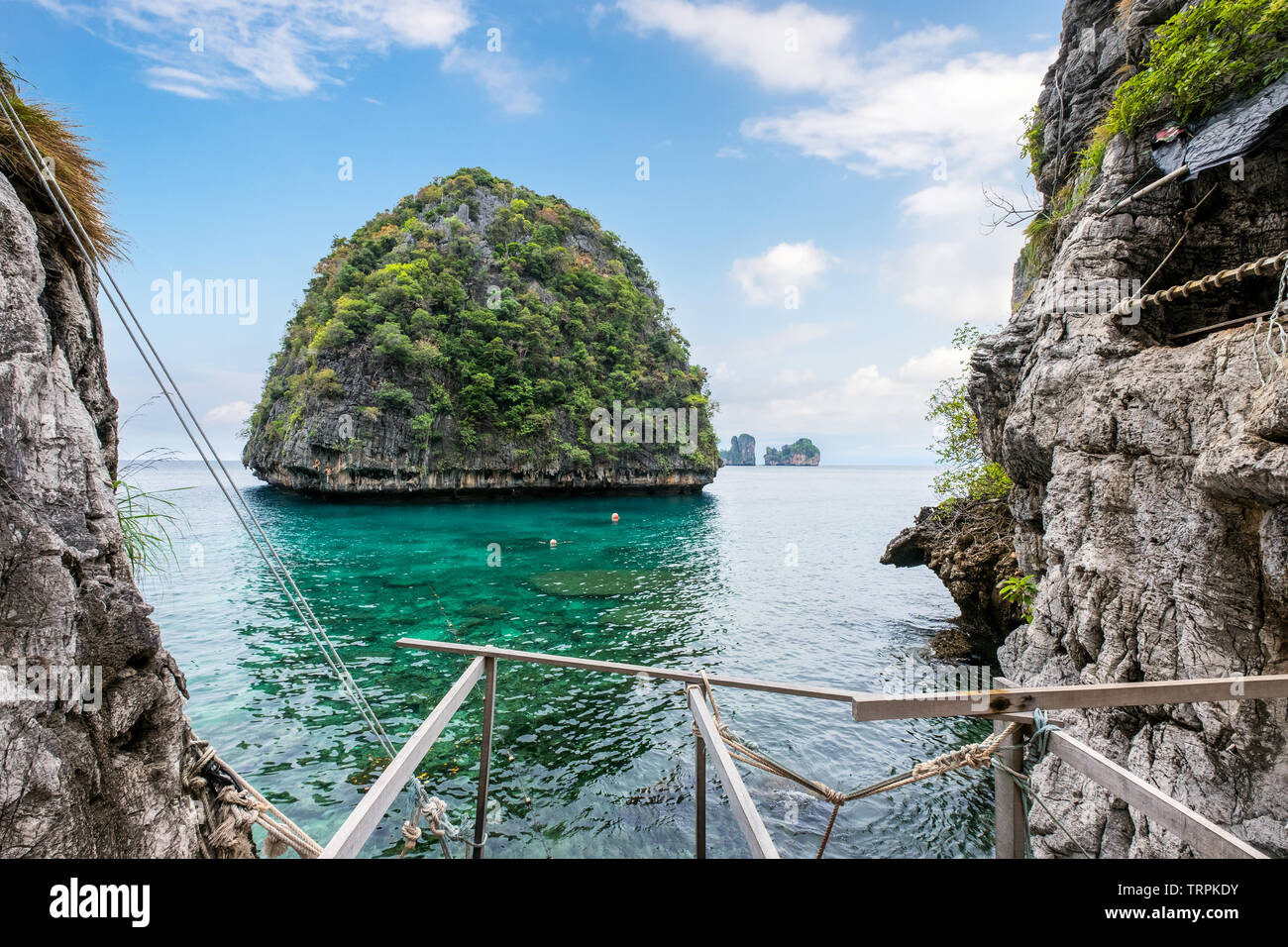Viewpoint of mountain limestone with emerald sea at Loh Samah bay in Phi Phi island Stock Photo