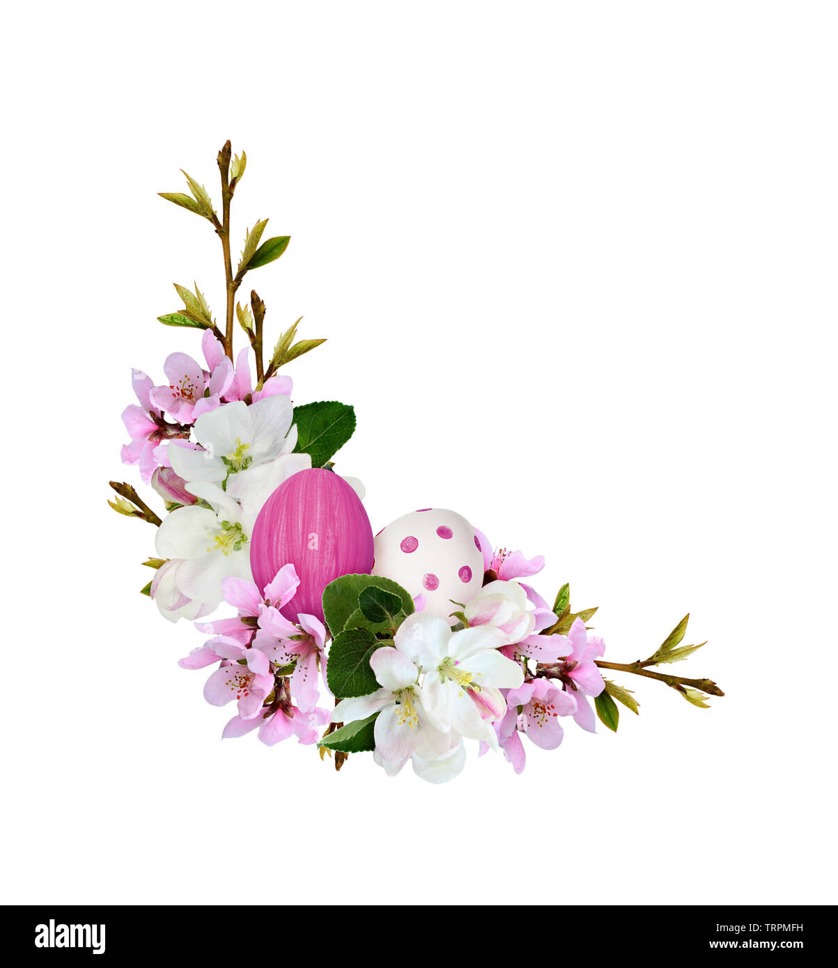Corner arrangement with spring branches of peach and apple flowers and ...
