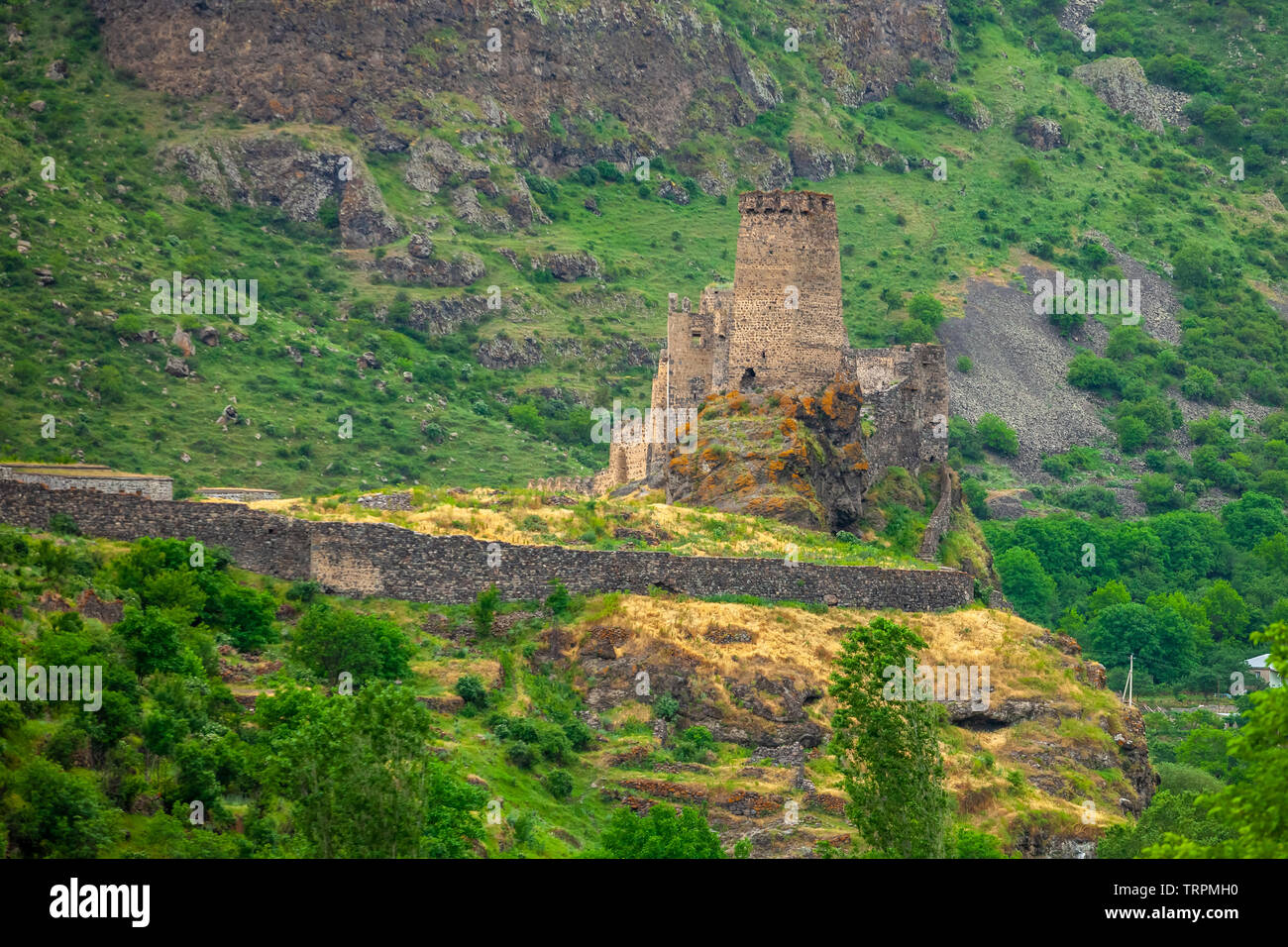 Khertvisi fortress on high rocky hill in gorge at confluence of the ...
