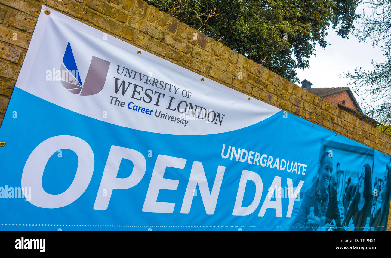 University of West London Undergraduate Open Day banner, attached to a university premises brick wall in Ealing, London W5, England, UK. Stock Photo