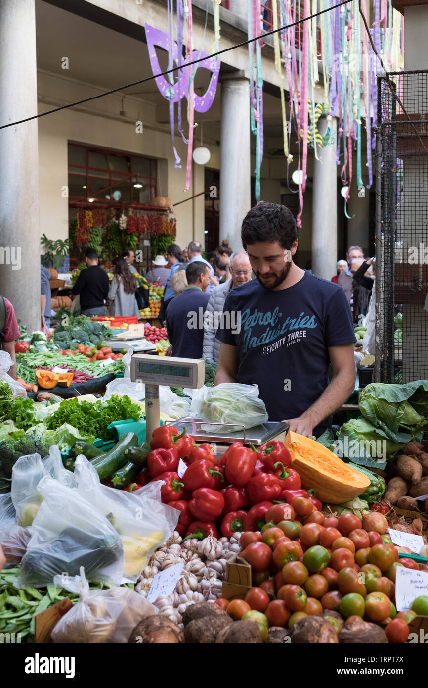 The indoor fresh fruit and vegetable market in Funchal, Madeira Stock Photo