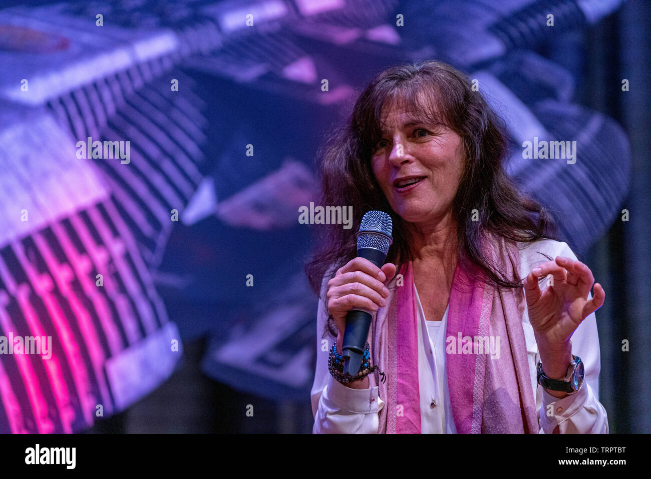 Bonn, Germany - June 8 2019: Mira Furlan (*1955, Croatian actress and singer - Babylon 5, LOST) talks about her experiences in the movie industry at FedCon 28 Stock Photo