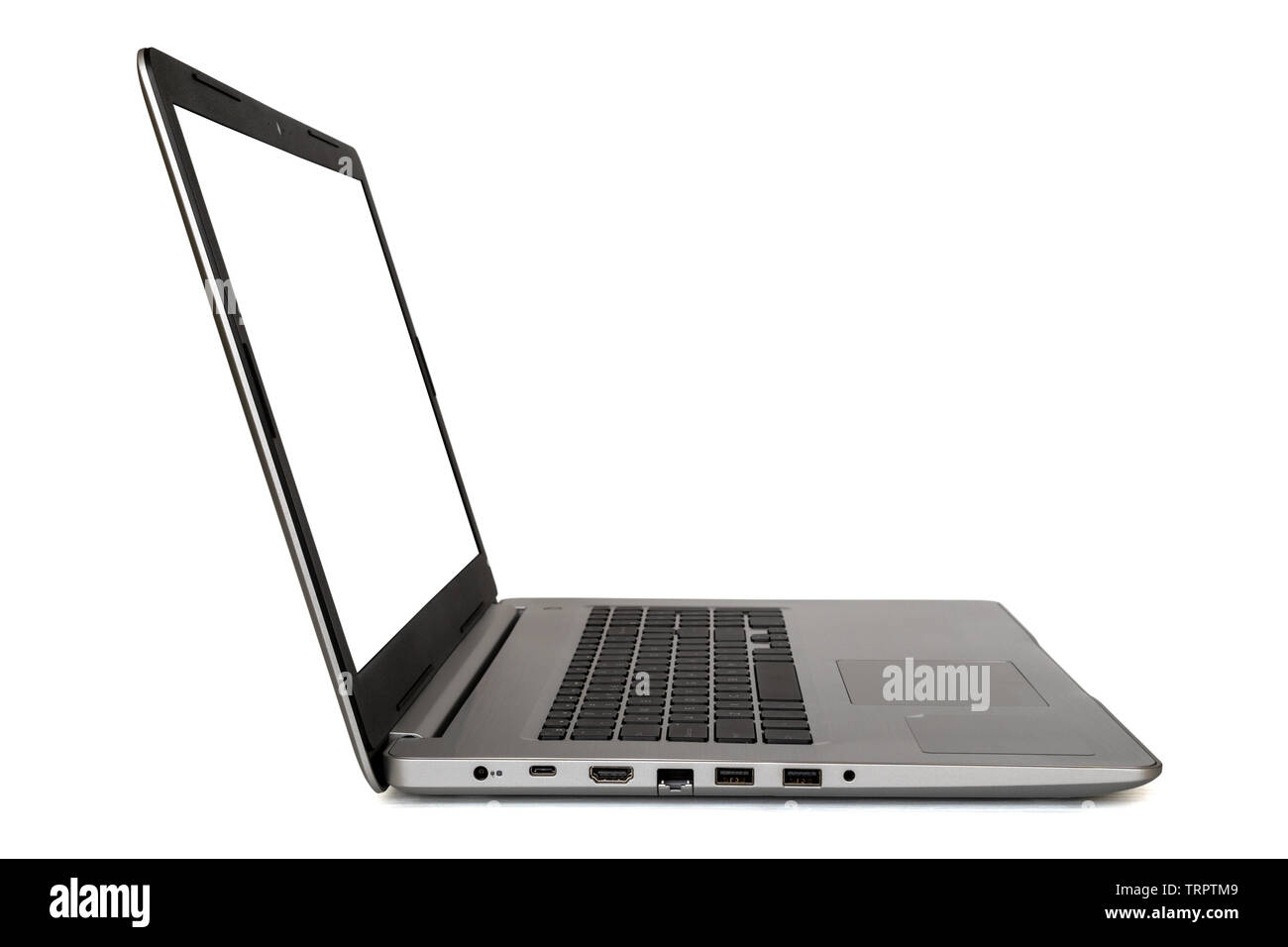 Laptop with empty screen isolated on white background. Side view Stock ...