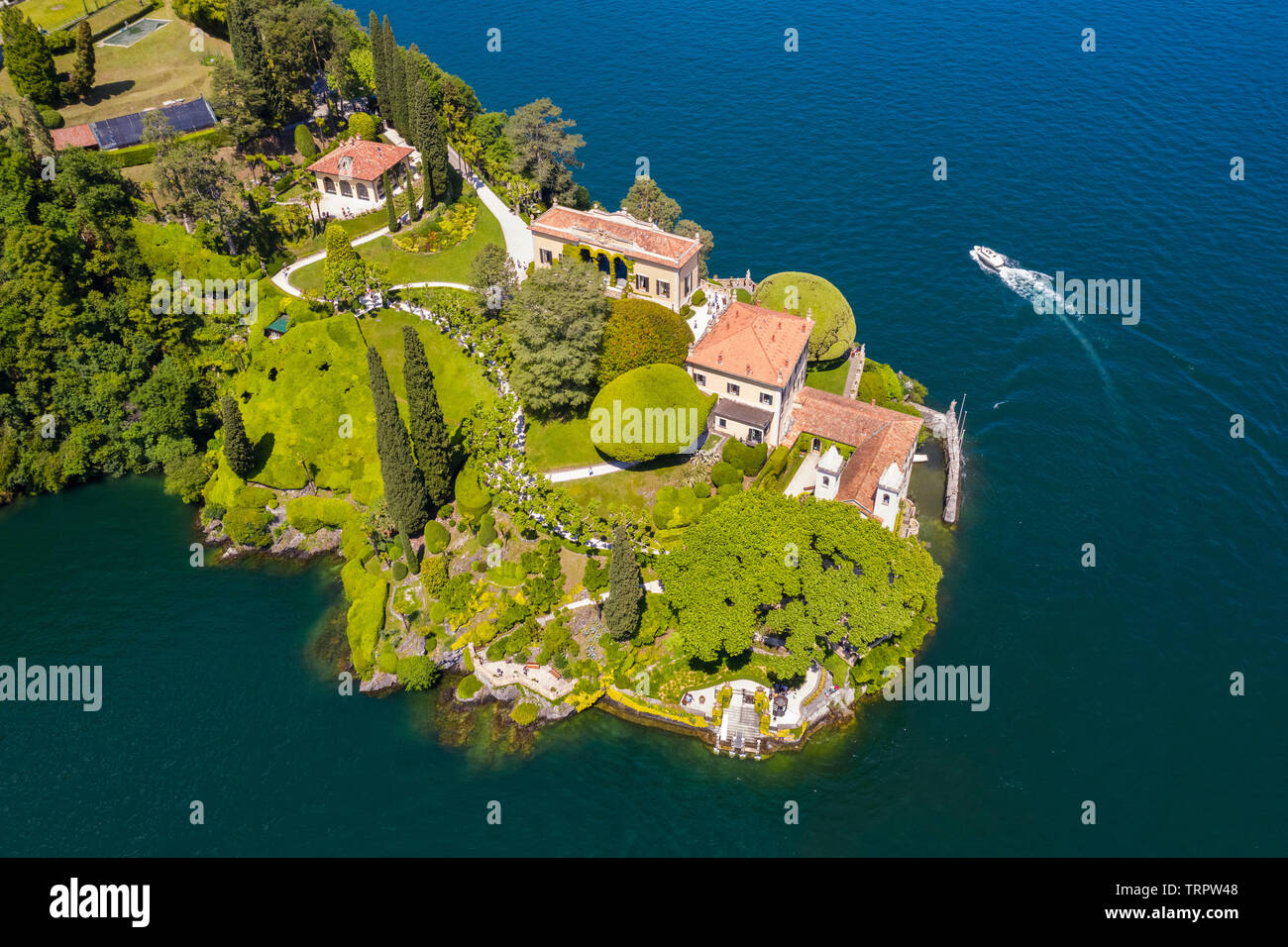 Aerial view of the Villa del Balbianello, on the Lavedo peninsula. Lenno, Tremezzina, Como Lake, Lombardy, Italy. Stock Photo