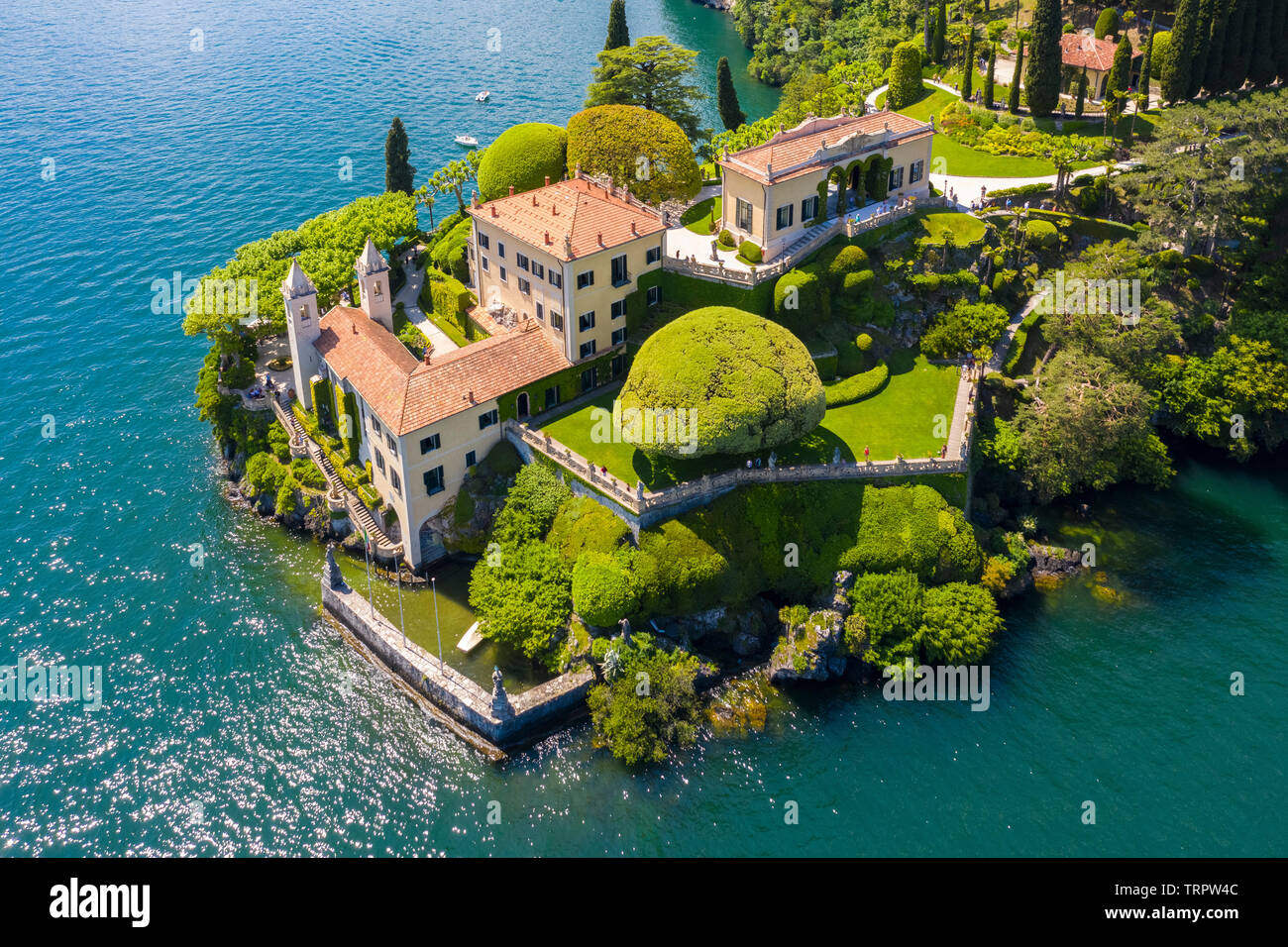 Aerial view of the Villa del Balbianello, on the Lavedo peninsula. Lenno, Tremezzina, Como Lake, Lombardy, Italy. Stock Photo