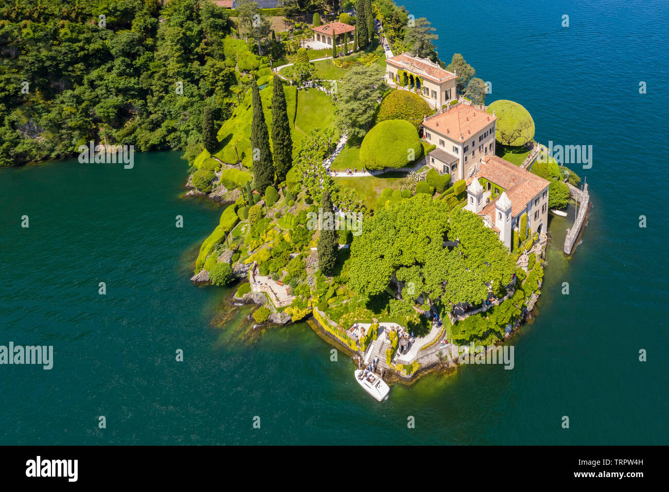 Aerial view of the Villa del Balbianello, on the Lavedo peninsula. Lenno, Tremezzina, Como Lake, Lombardy, Italy. Stock Photo