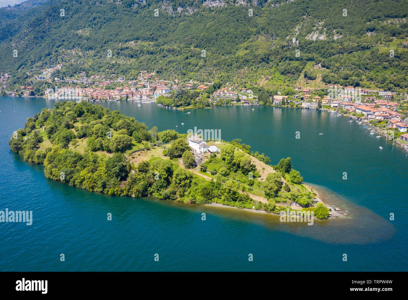 Aerial view of the Isola Comacina, Ossuccio, Tremezzina, Como Lake, Lombardy, Italy. Stock Photo