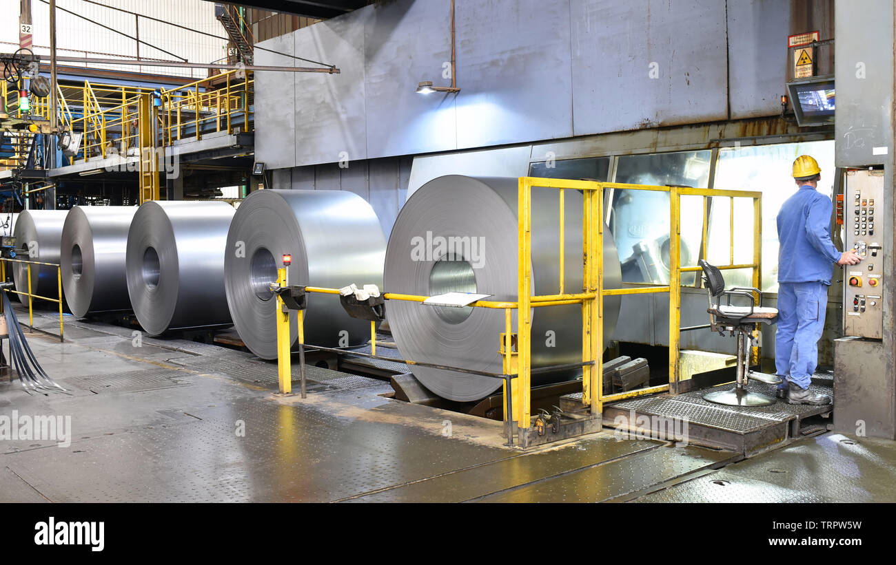 industrial plant for the production of sheet metal in a steel mill Stock Photo