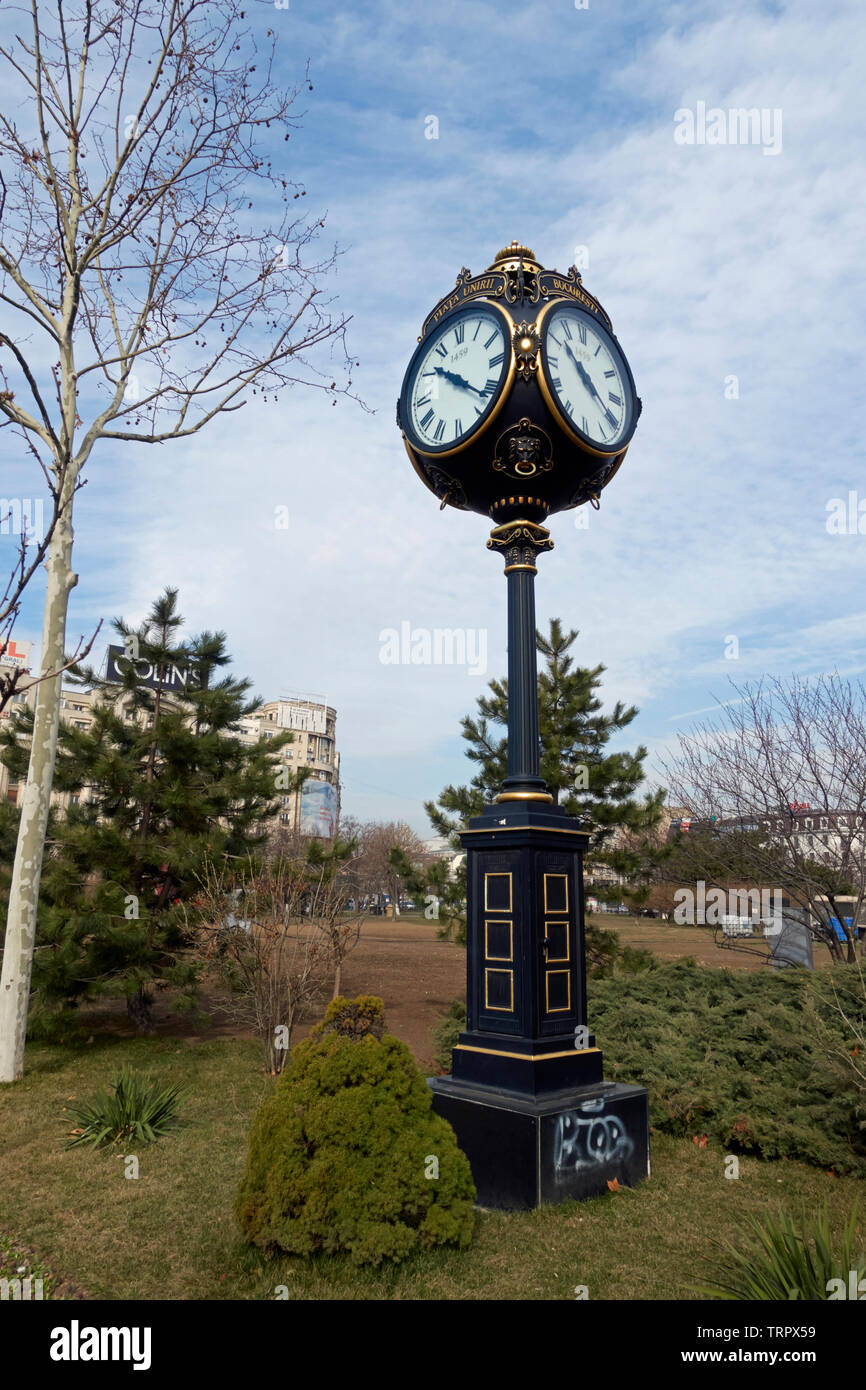 One of the distinctive clocks in Piata Unirii Park, Bucharest, Romania. Stock Photo