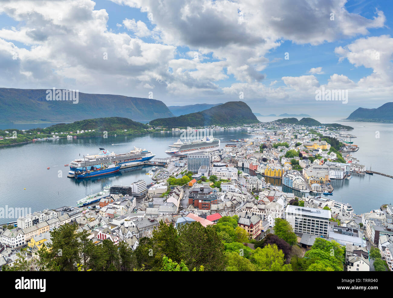 Aerial view over the town and port from the Kniven Viewpoint, Aksla Hill, Ålesund, Møre og Romsdal, Sunnmøre, Norway Stock Photo