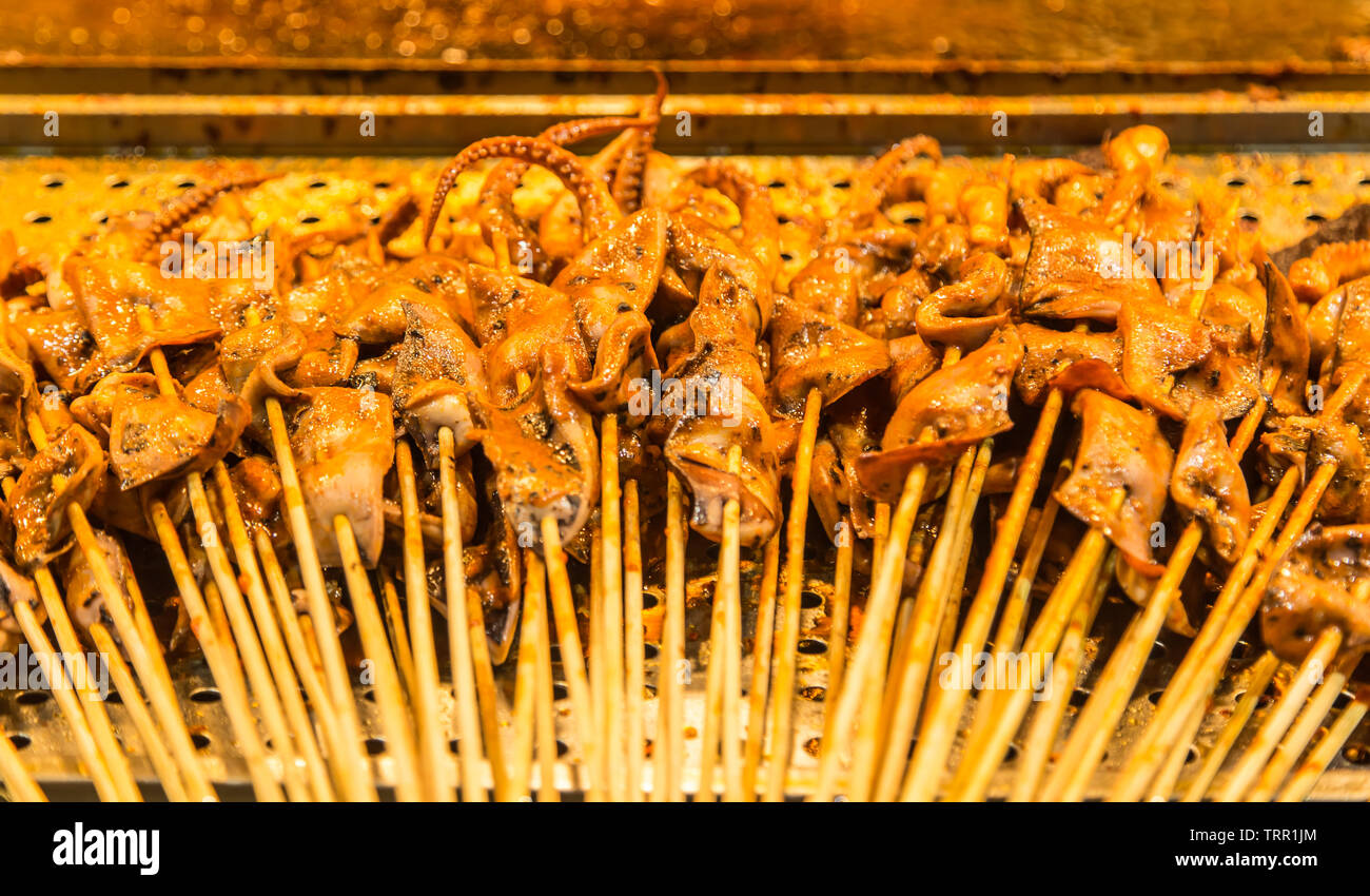 Chinese barbecue bbq skewers closeup view background Stock Photo Alamy