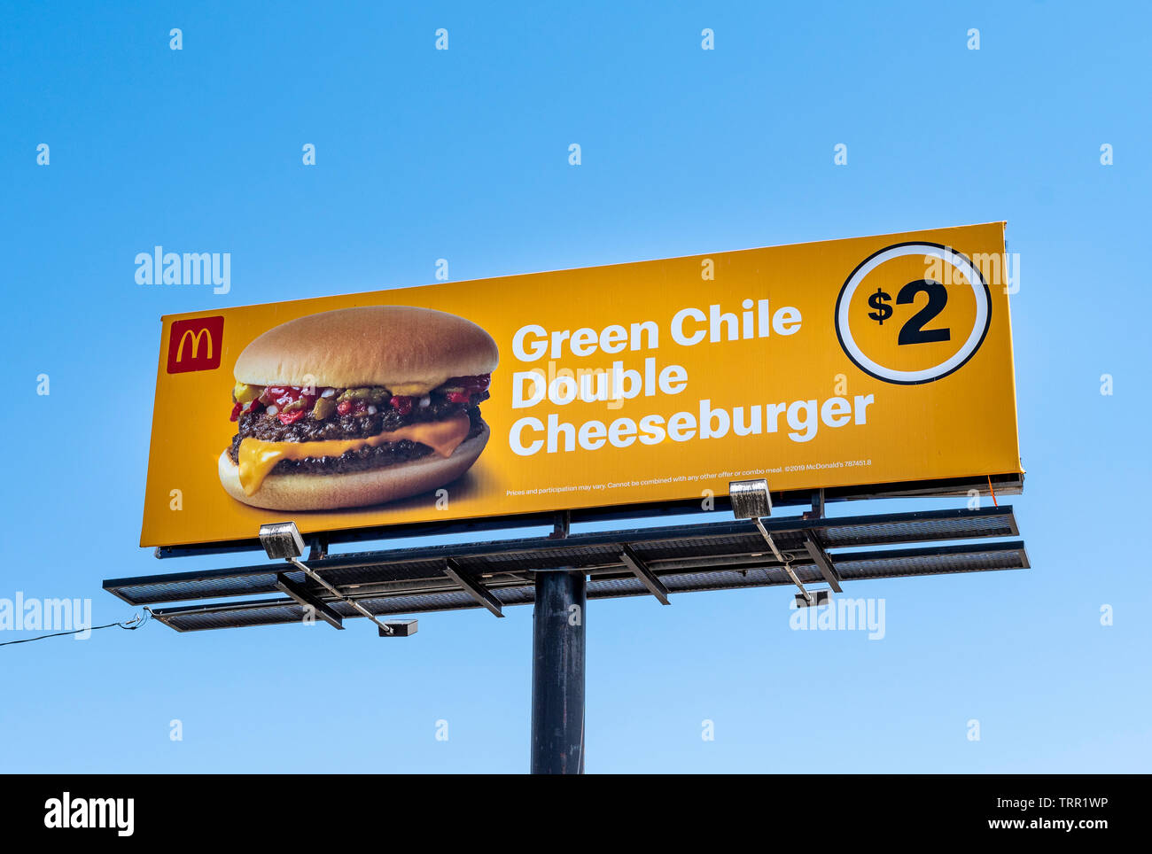 McDonald’s green chile double cheeseburger regional specialty billboard sign in New Mexico, USA. Stock Photo