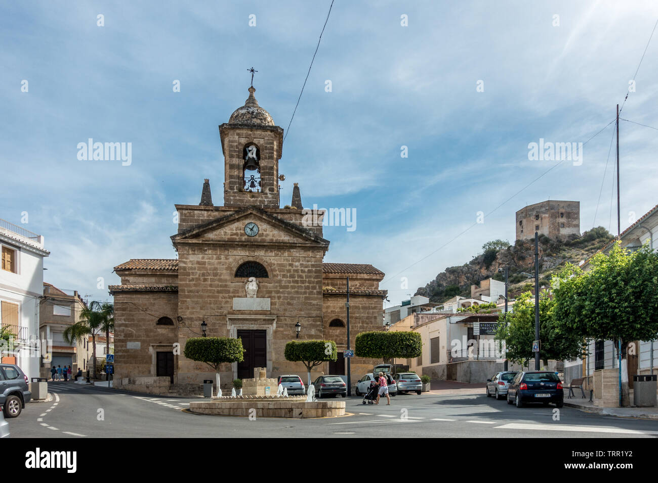 Traditional Spanish village of Velez de Benaudalla and the church, Iglesia Nuestra Señora del Rosario, Granada province, Spain, alpujarras Stock Photo