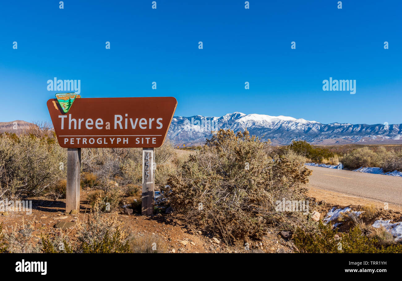 Three Rivers Petroglyph Site sign, Otero County, New Mexico, USA. Stock Photo