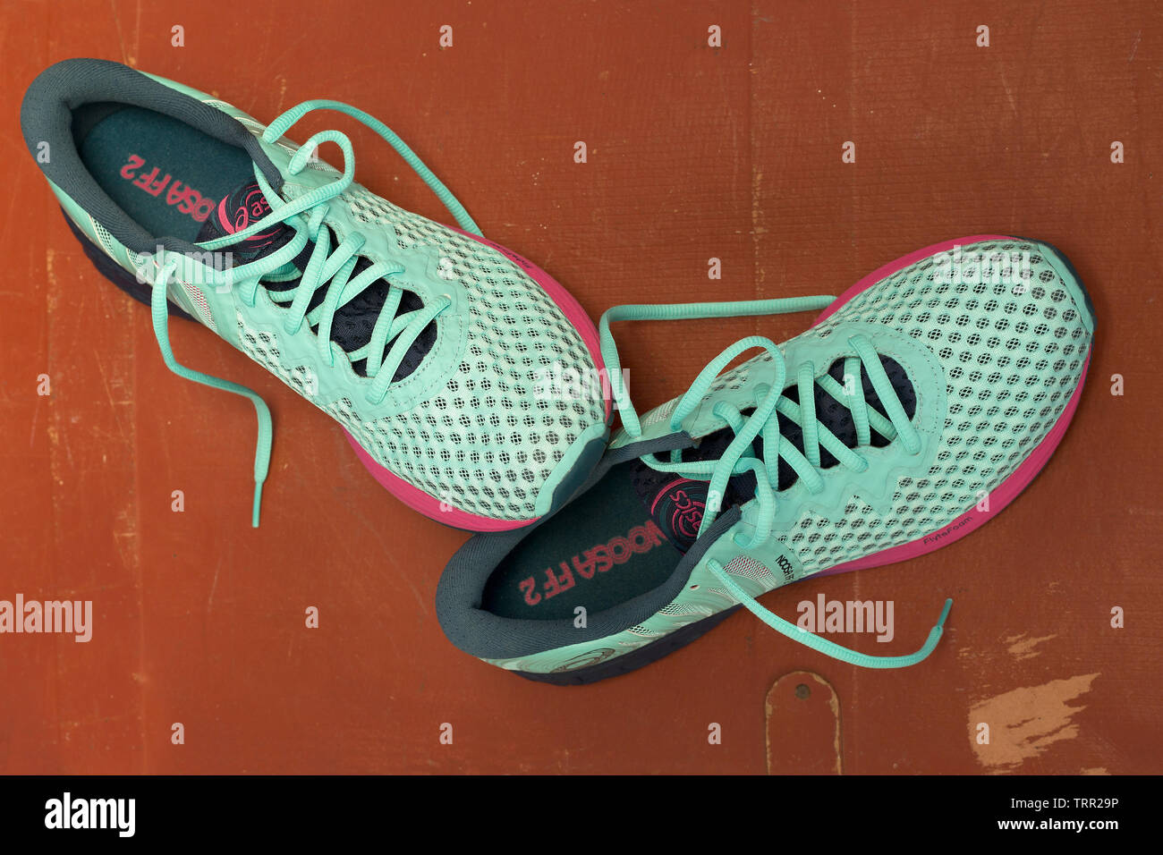Pair of Perfect Asics NOOSA FF 2 shoes in pale blue and pink colours for  running on terracotta background. Moscow - June 2019. Shoes for longer  races Stock Photo - Alamy