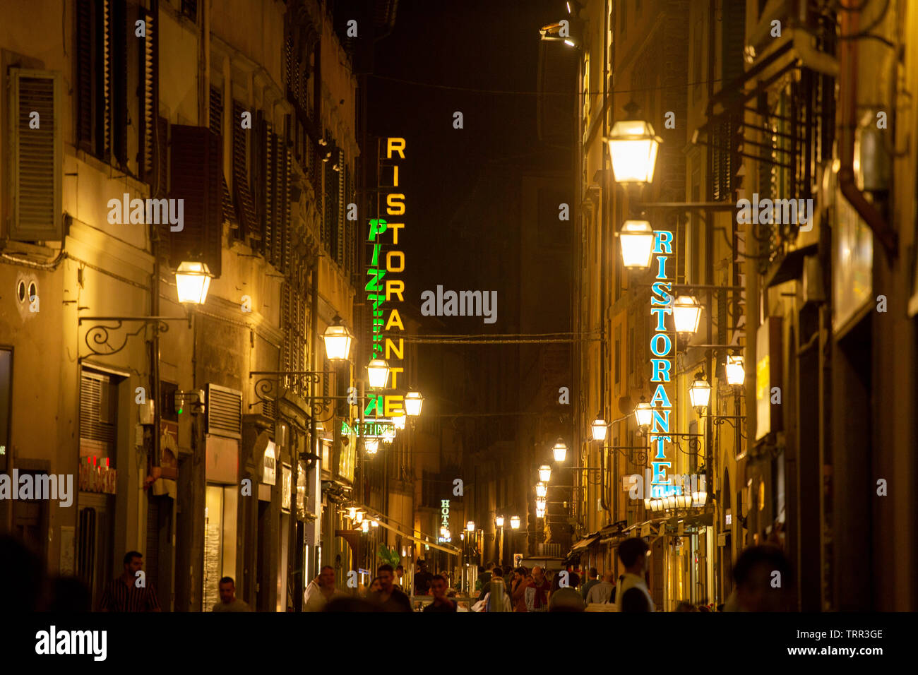Illuminated restaurant signs in a street in Florence, Italy, at night. Stock Photo