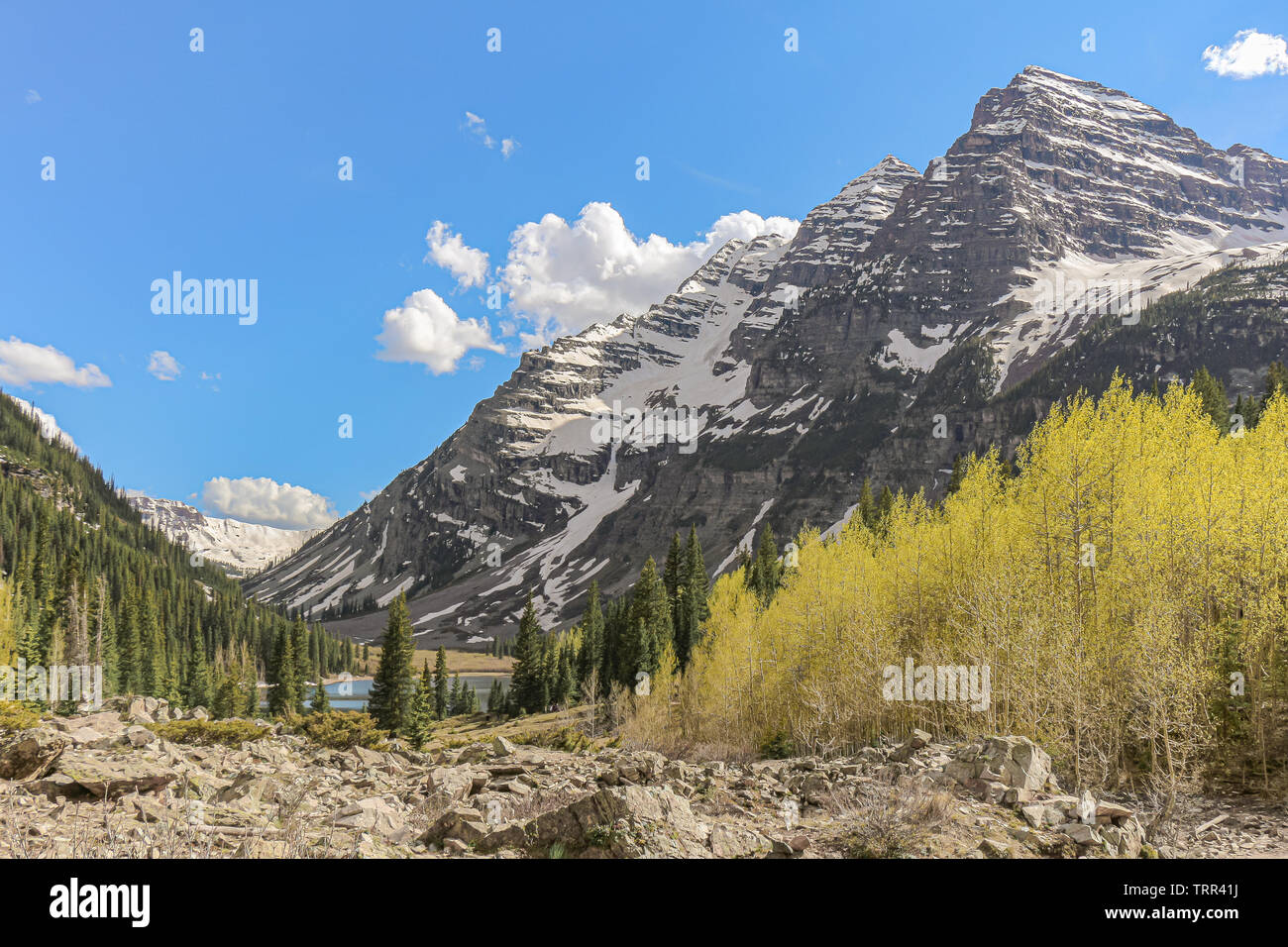 View of Maroon Bells from Crater Lake Trail in the Maroon Bells-Snowmass Wilderness, Colorado, USA. Stock Photo