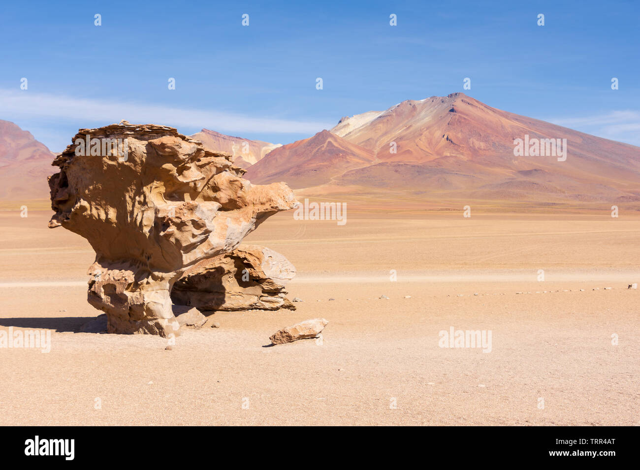 A side view of the Stone Tree (Arbol de Piedra), an isolated rock formation in the Siloli Desert, part of the Altiplano region of Bolivia. Stock Photo