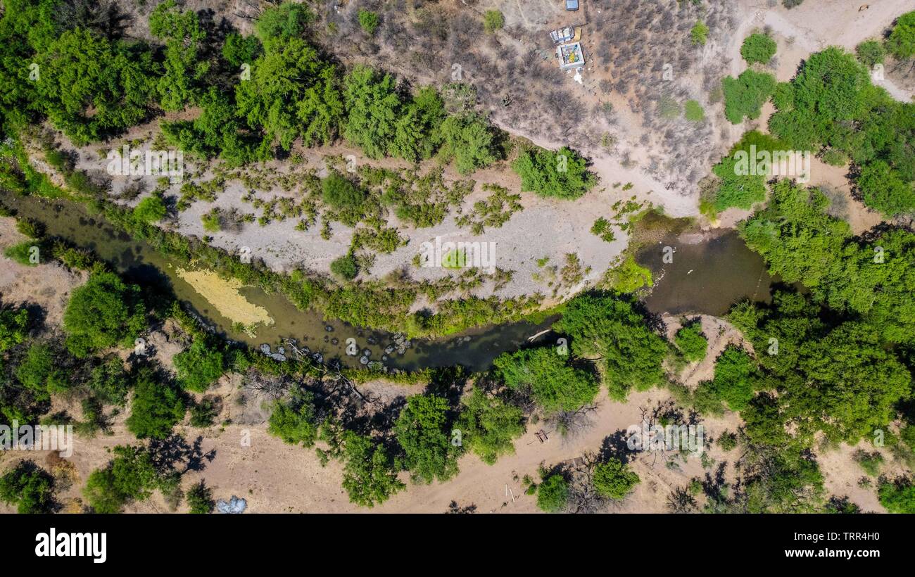 Aerial view of the trees, stream and green areas around the town of Quiriego, Sonora. Vista Aérea de los arboles, arroyo y  areas verde en los alrededores de pueblo de Quiriego, Sonora.   (Photo: LuisGiutierrez/NortePhoto) Stock Photo