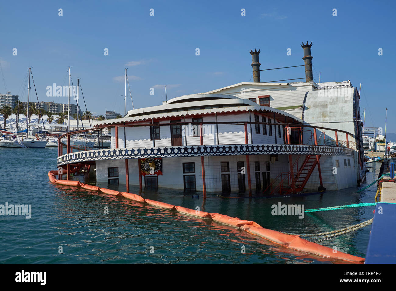 The Mississippi Steam Boat "Willow" half sunken, tied up at the Marina
