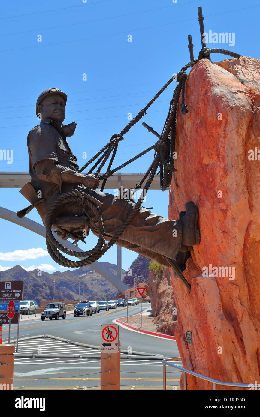 Bronze sculpture of a worker who built the Hoover Dam, Boulder City, USA Stock Photo