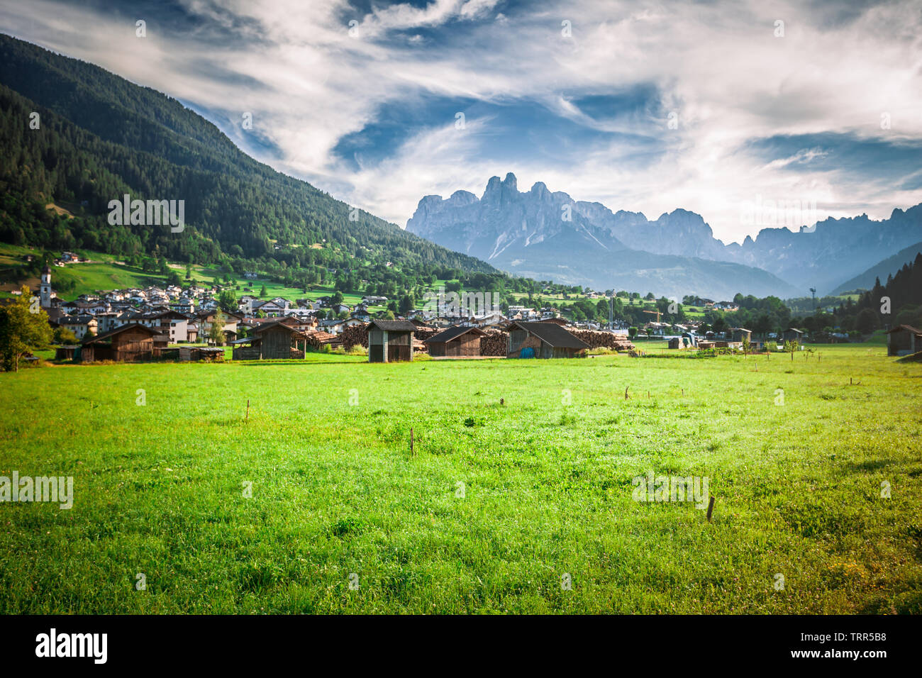 Mezzano Imer village with Dolomite peaks in Val di Primiero Noana of Trentino Alto-Adige, Italy in sunrise. Stock Photo