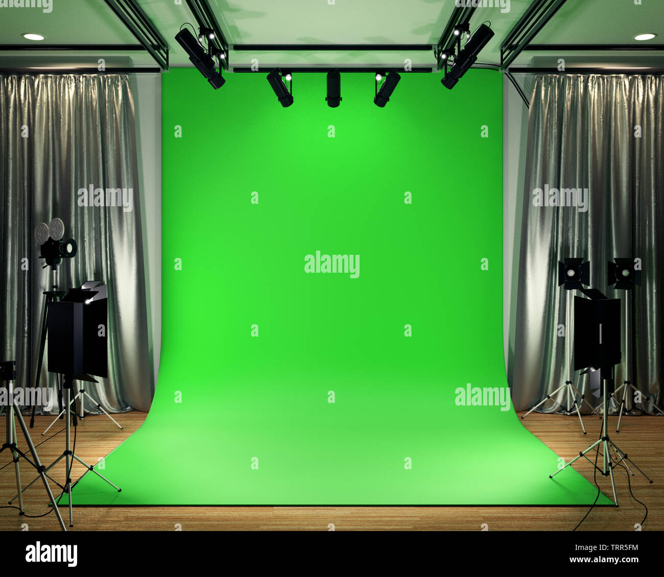 Studio Big Modern Film Studio With Green Screen 3d Rendering