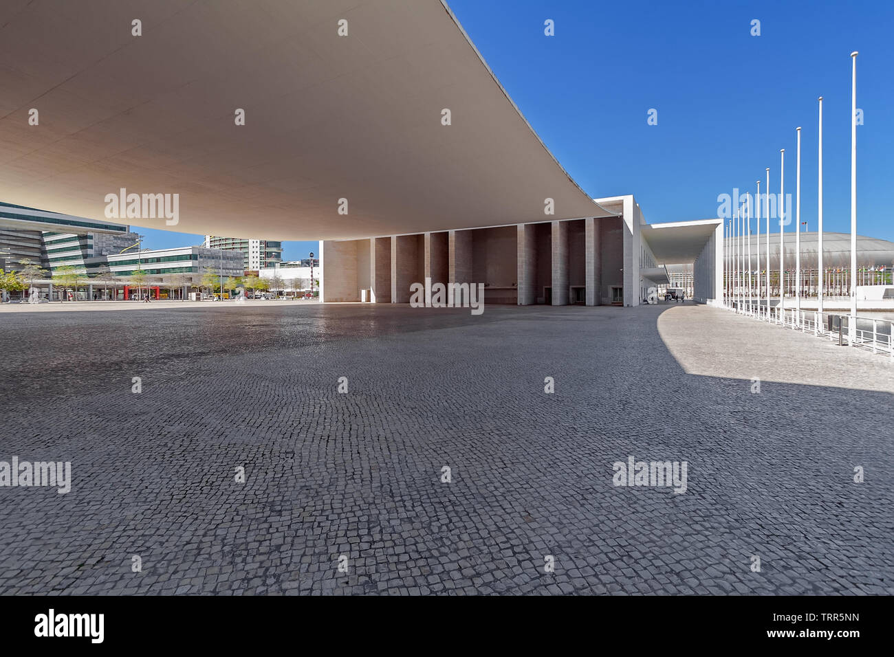 Lisbon, Portugal. Plaza under the canopy of Pavilhao de Portugal or Portuguese Pavilion. Parque das Nacoes or Park of Nations. By Alvaro Siza Vieira Stock Photo