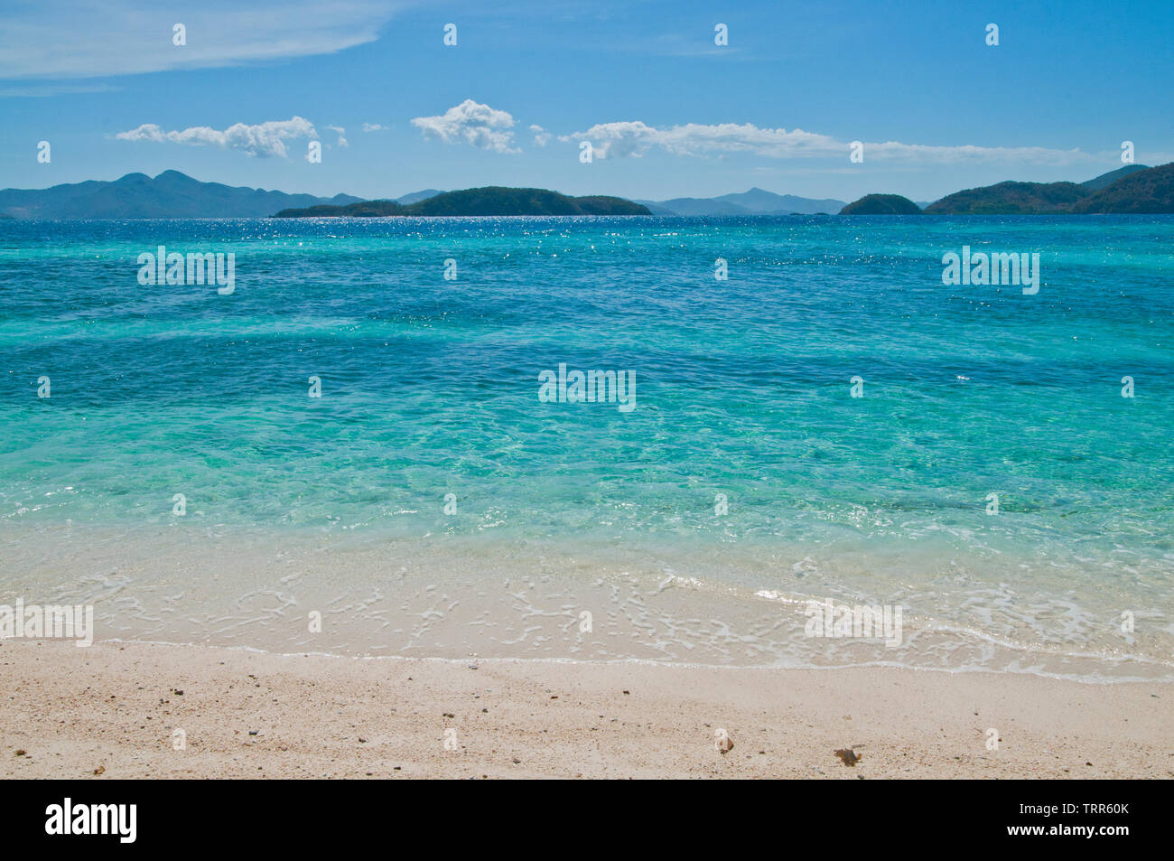 Palawan has been voted the best island on Earth by Travel and Leisure for its powder white beaches, Blue sea and skies, warm climate and rich waters. Stock Photo